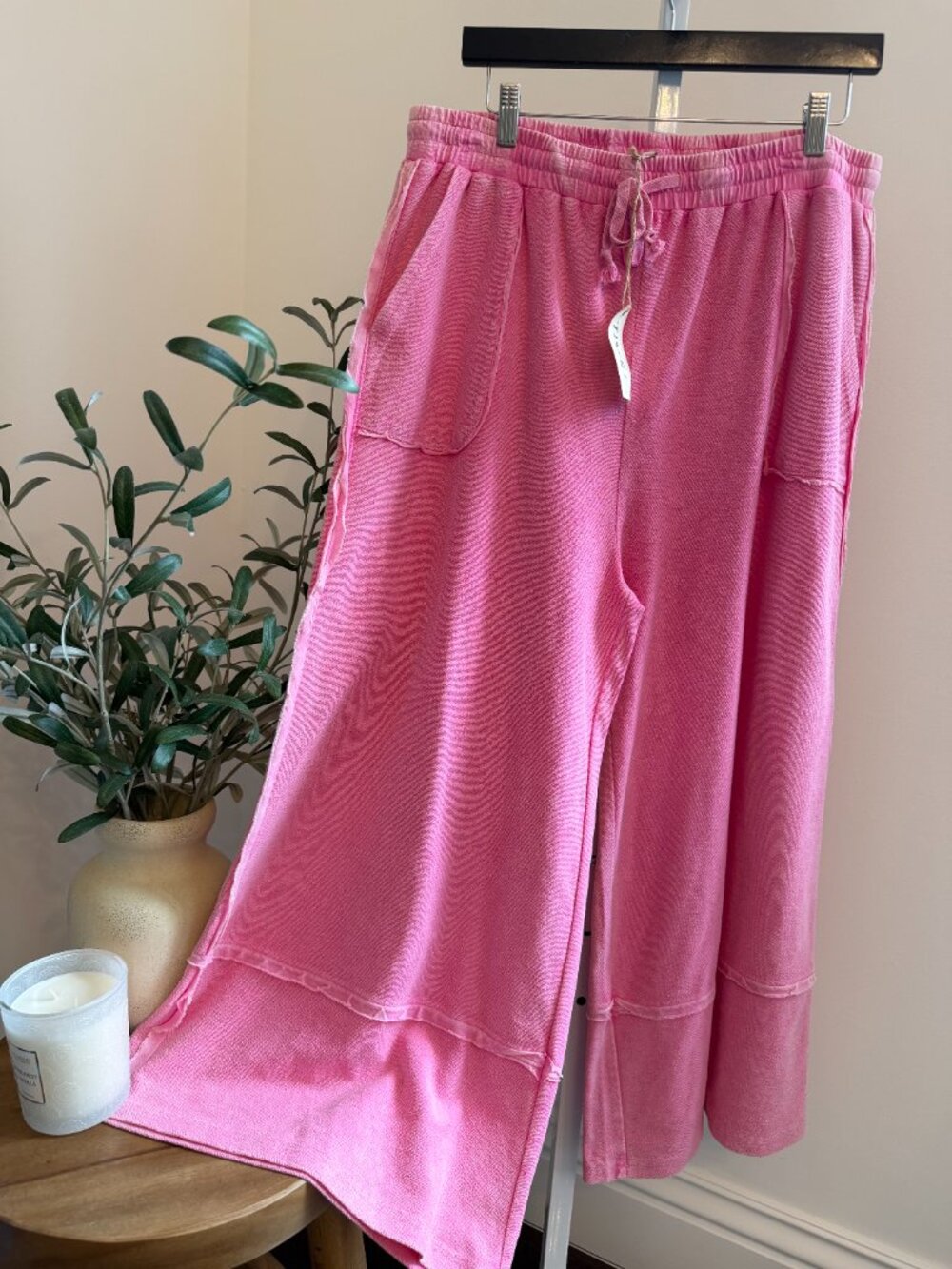 EASEL MINERAL WASHED TERRY KNIT PALAZZO PANTS 100% COTTON
